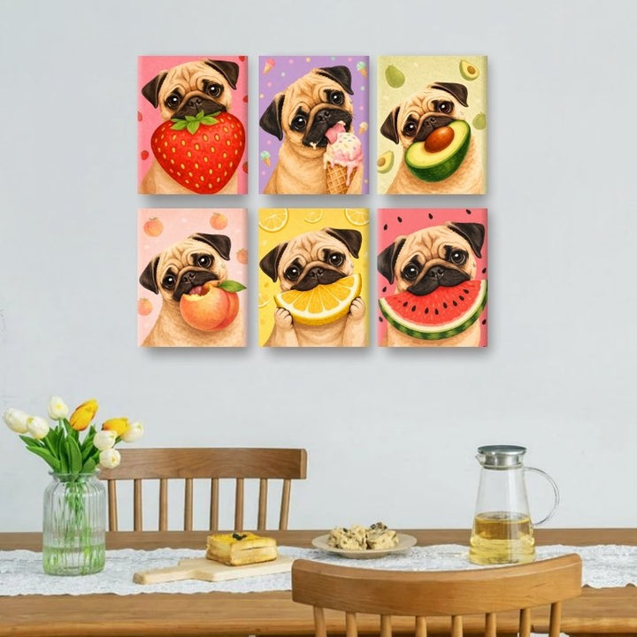 6 Mini-Gemälde | Hund & Obst Set