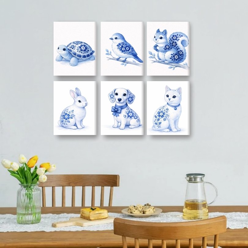6 Mini-Gemälde | Delfter Blaue Tier Set