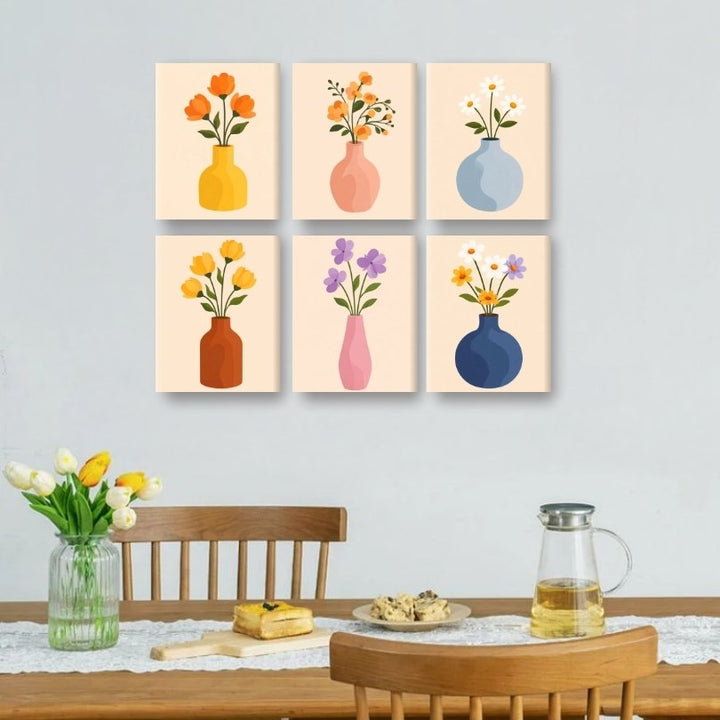 6 Mini-Gemälde | Blumen & Vasen Set
