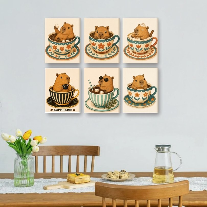 6 Mini-Gemälde | Capybaras in Tassen Set