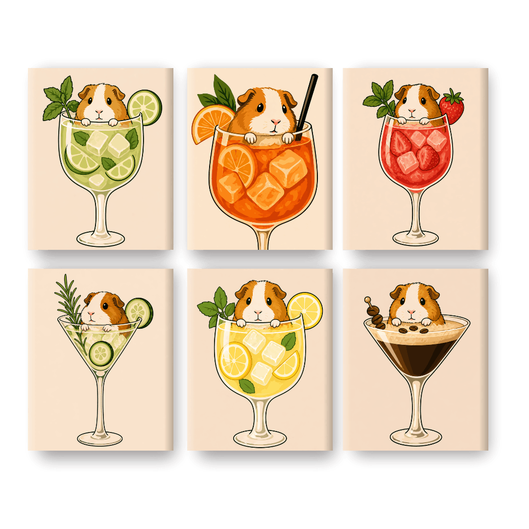 6 Mini-Gemälde | Meerschweinchen in Cocktails Set