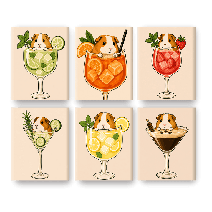 6 Mini-Gemälde | Meerschweinchen in Cocktails Set