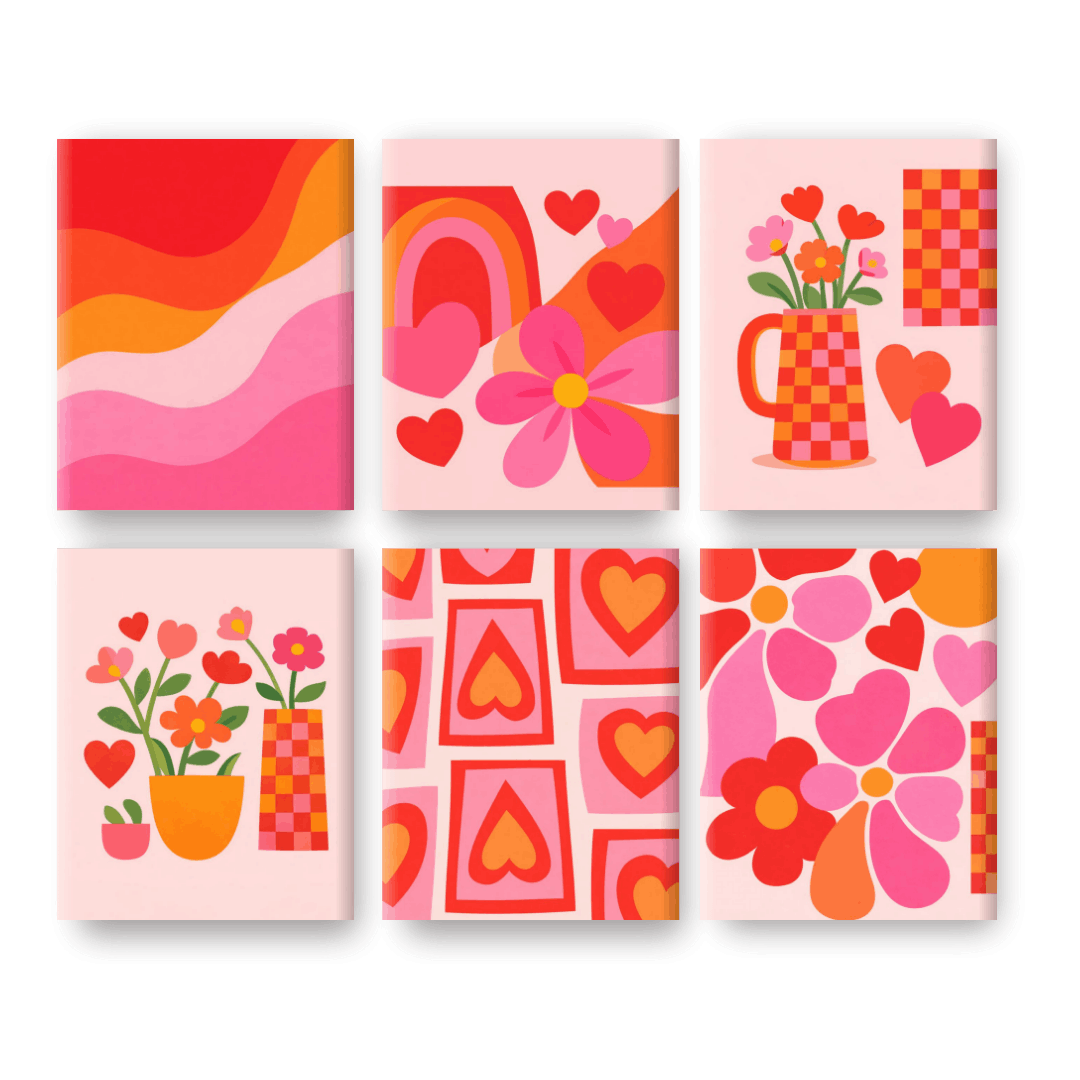 6 Mini-Gemälde | Liebe & Blumen Set