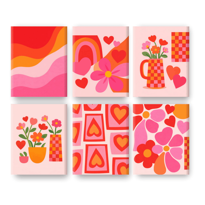 6 Mini-Gemälde | Liebe & Blumen Set