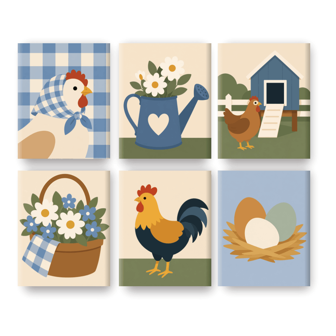 6 Mini-Gemälde | Hühnerhof Set