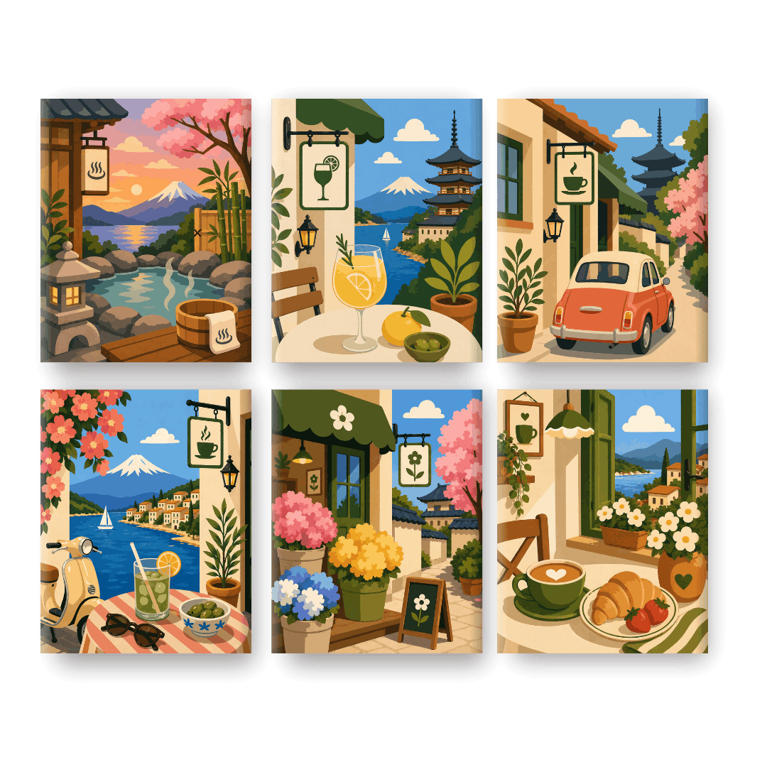 6 Mini-Gemälde | Japanische Cafés Set
