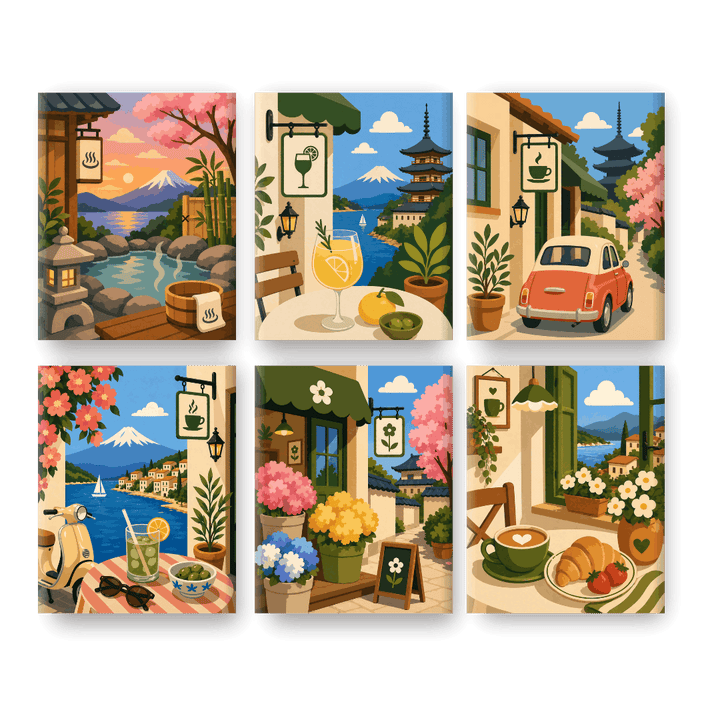 6 Mini-Gemälde | Japanische Cafés Set
