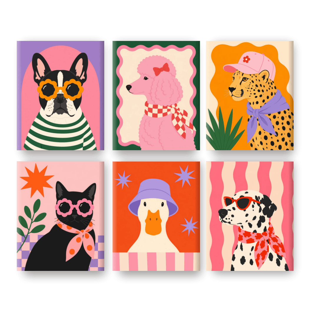 6 Mini-Gemälde | Glamour Haustiere Set