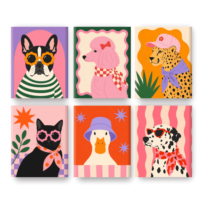 6 Mini-Gemälde | Glamour Haustiere Set