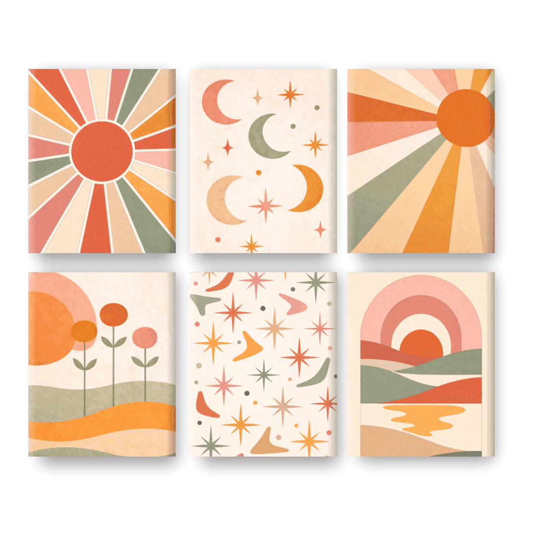 6 Mini-Gemälde | Boho Sonnenuntergang Set