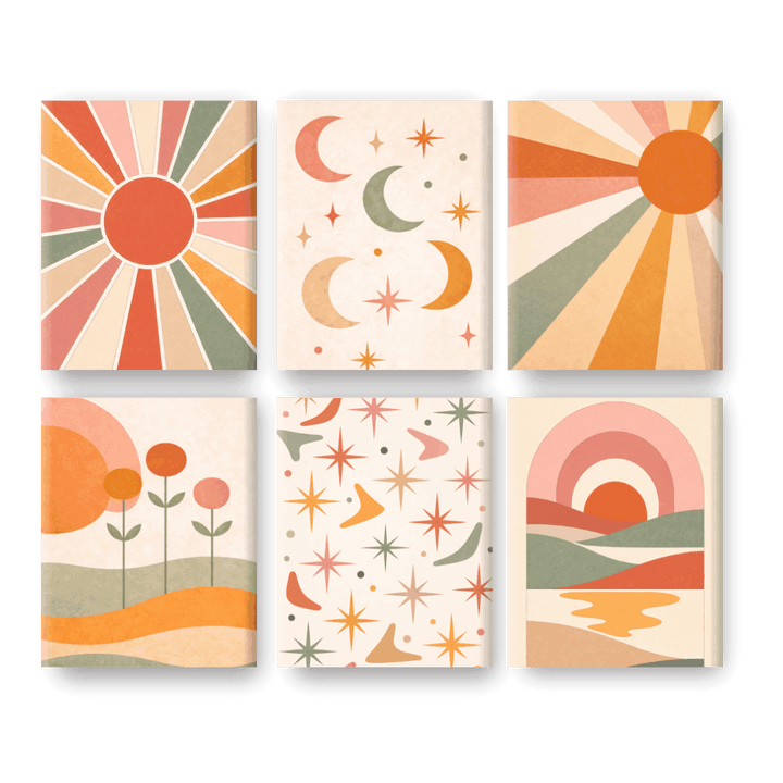 6 Mini-Gemälde | Boho Sonnenuntergang Set