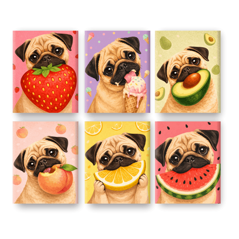 6 Mini-Gemälde | Hund & Obst Set