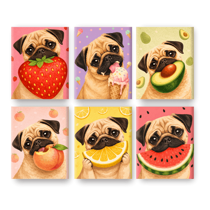 6 Mini-Gemälde | Hund & Obst Set