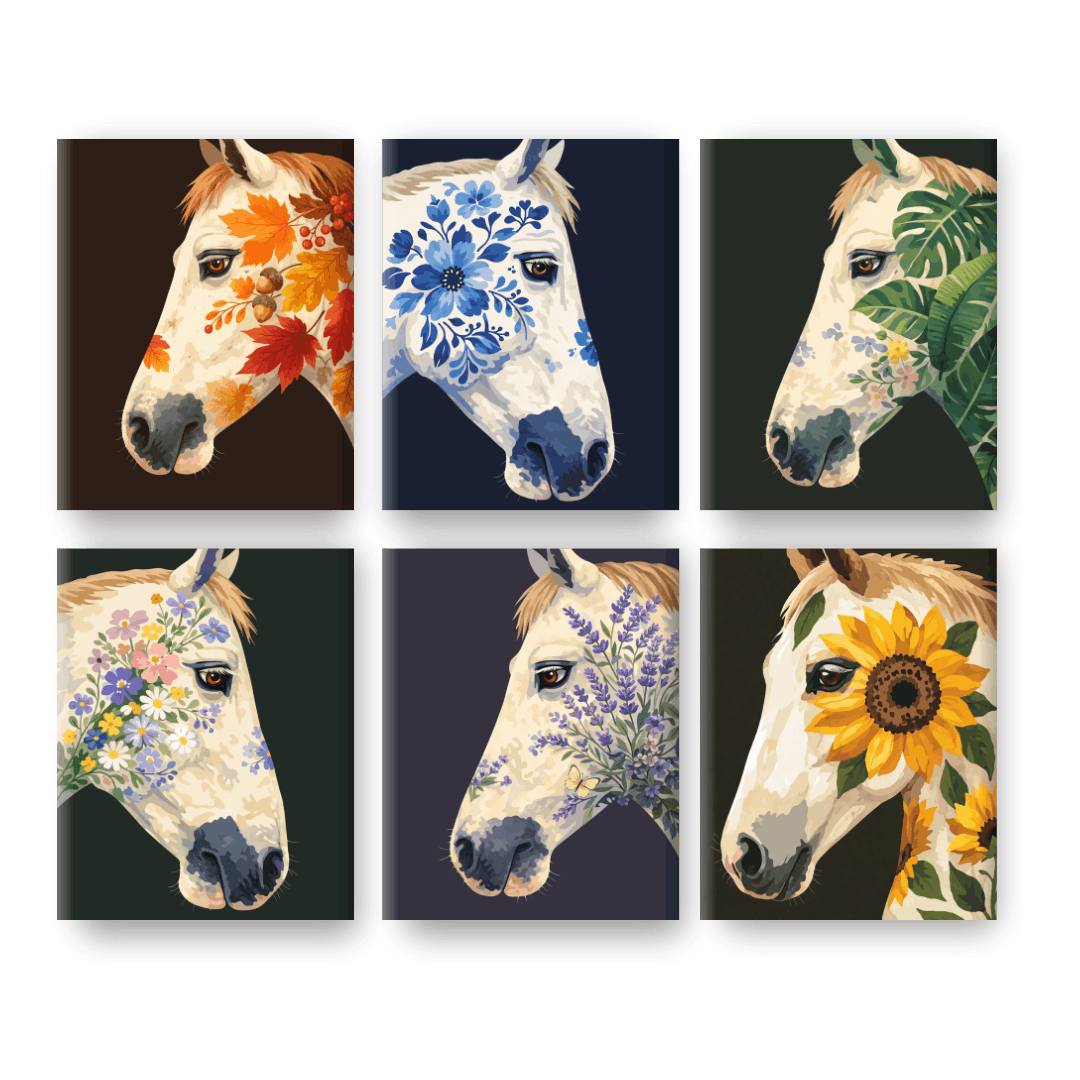 6 Mini-Gemälde | Blumenpferde Set