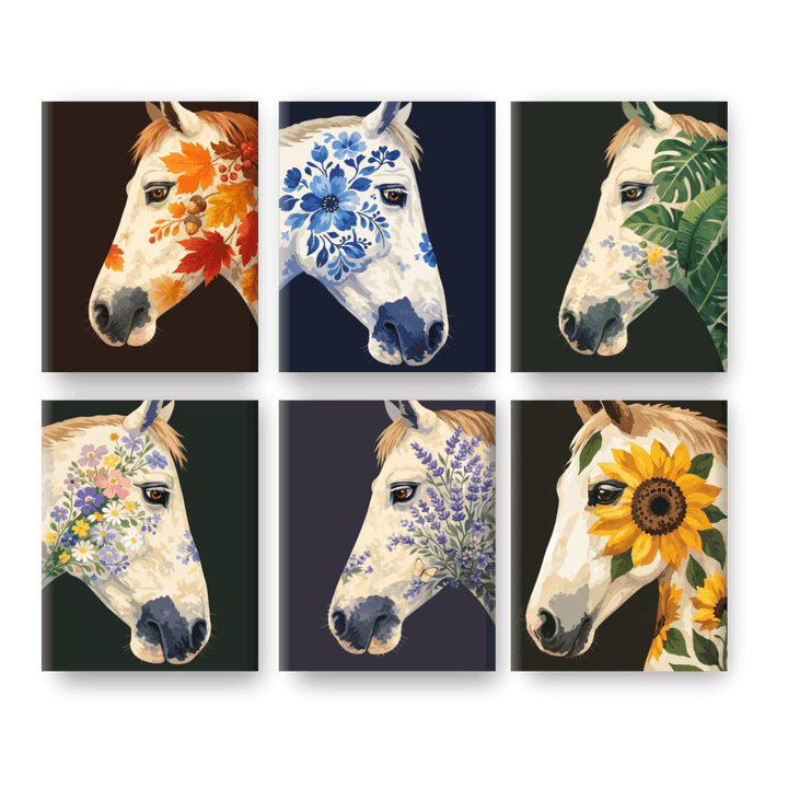 6 Mini-Gemälde | Blumenpferde Set