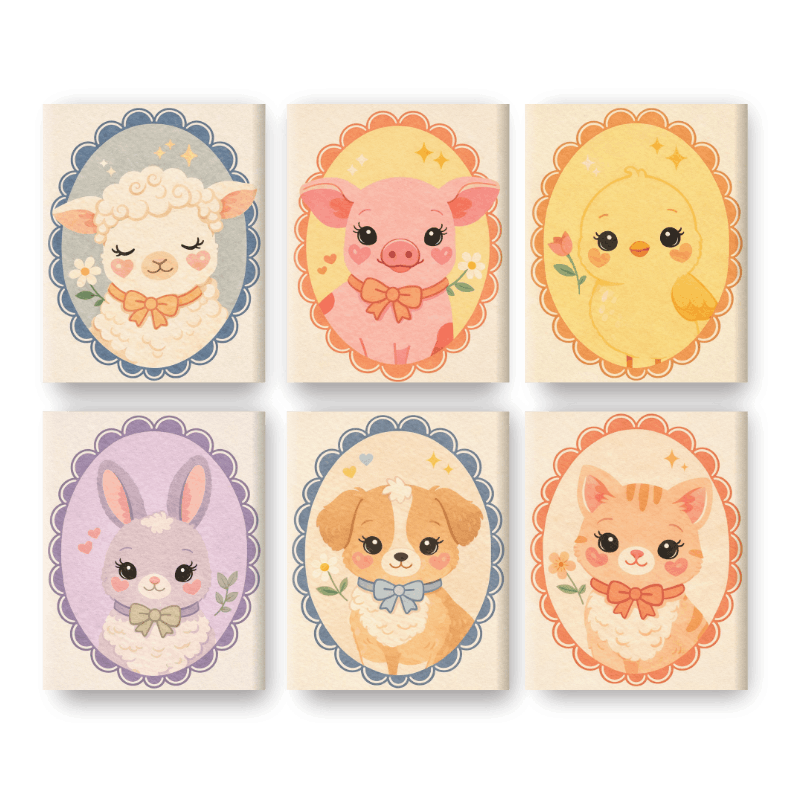 6 Mini-Gemälde | Süße Tiere Set