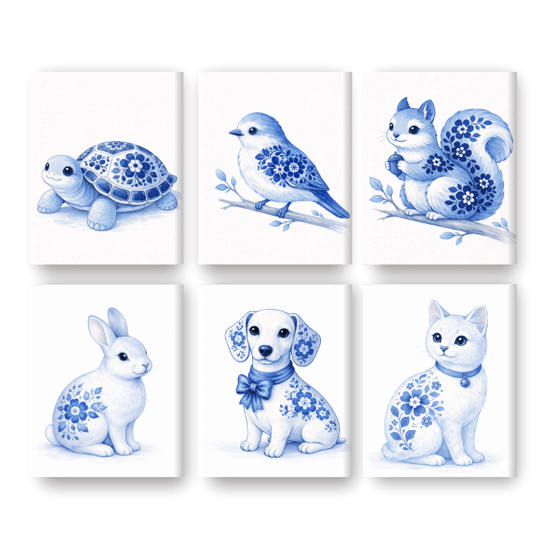 6 Mini-Gemälde | Delfter Blaue Tier Set
