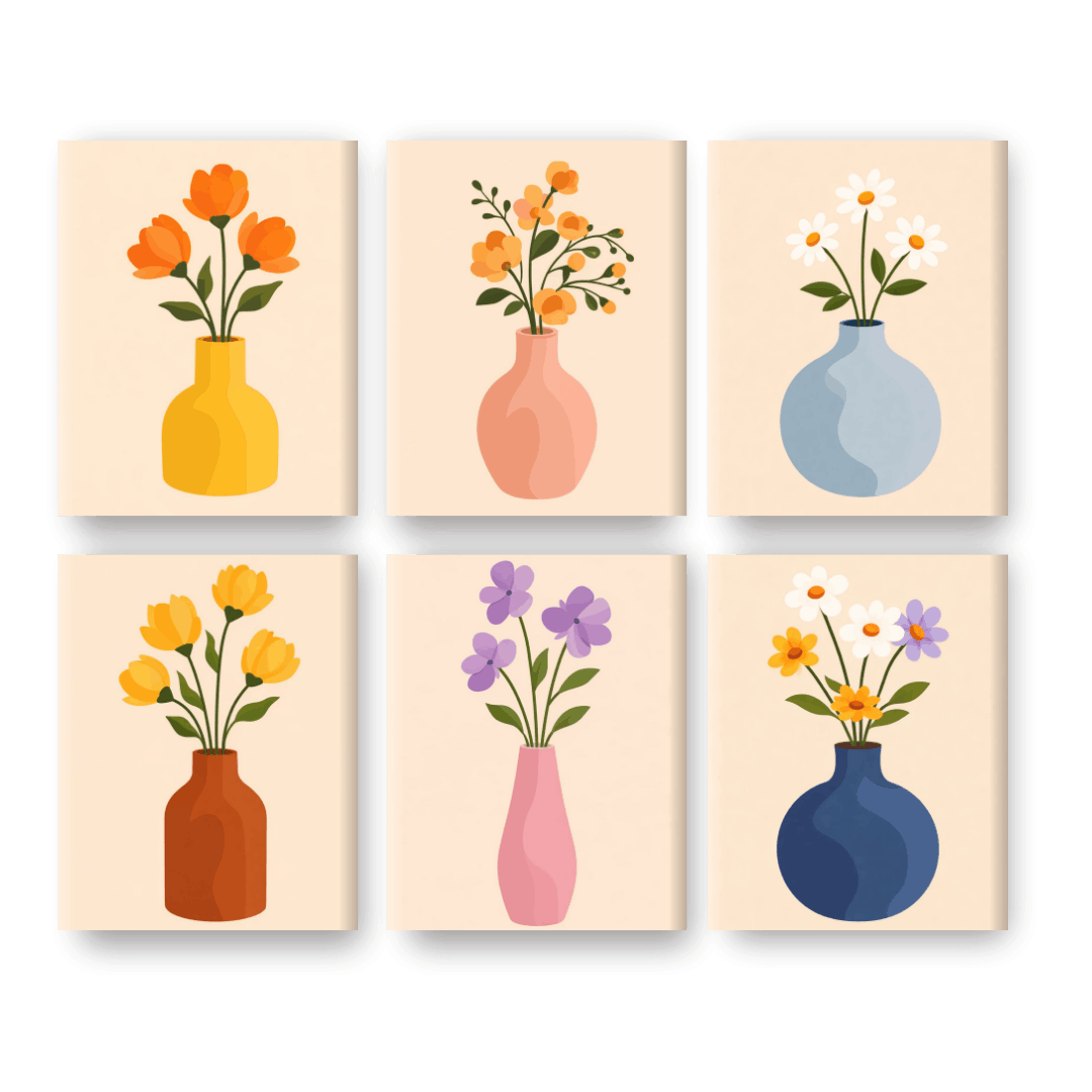 6 Mini-Gemälde | Blumen & Vasen Set