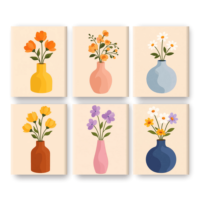 6 Mini-Gemälde | Blumen & Vasen Set