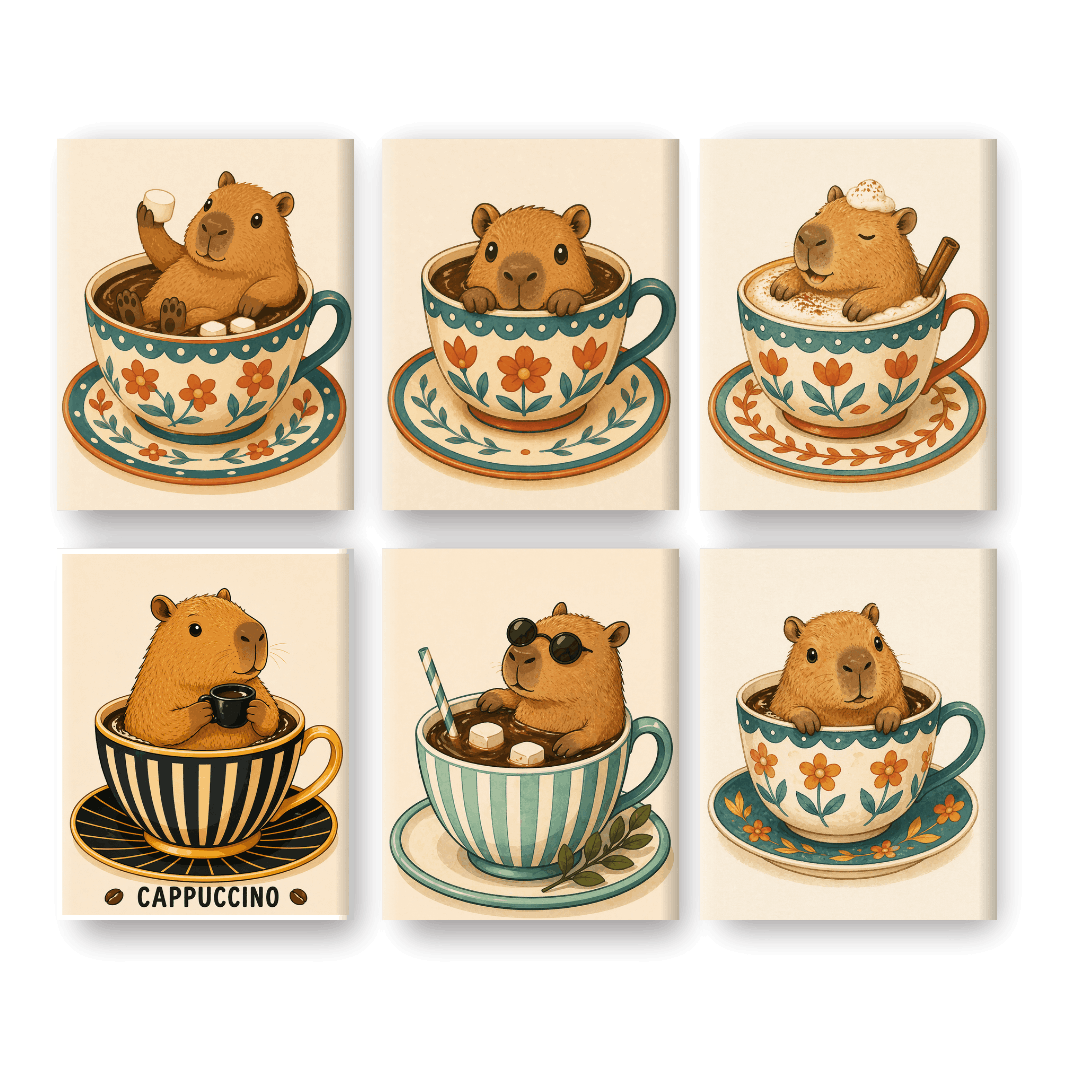 6 Mini-Gemälde | Capybaras in Tassen Set