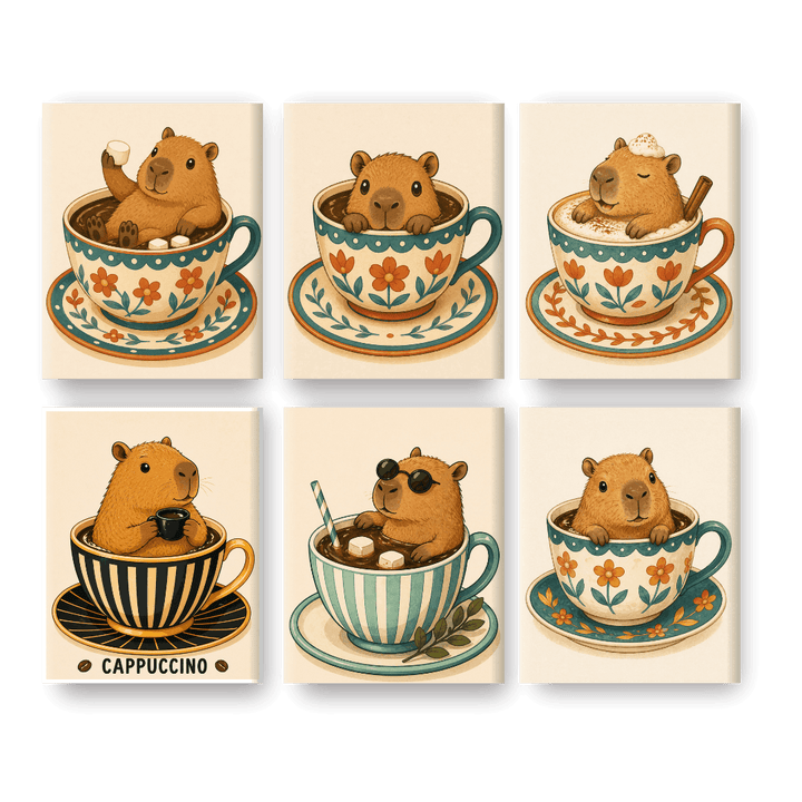 6 Mini-Gemälde | Capybaras in Tassen Set