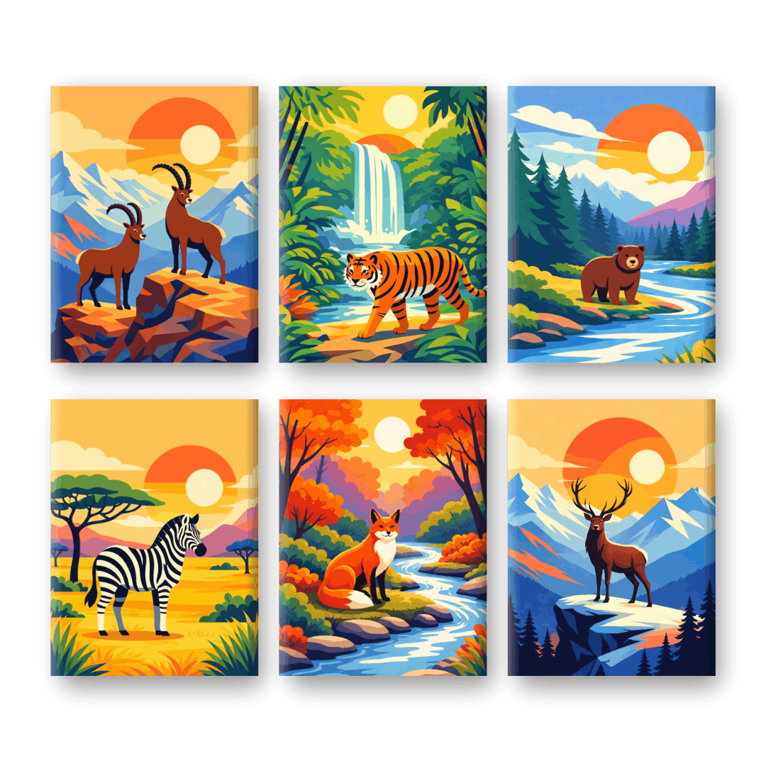 6 Mini-Gemälde | Tiere & Landschaften Set
