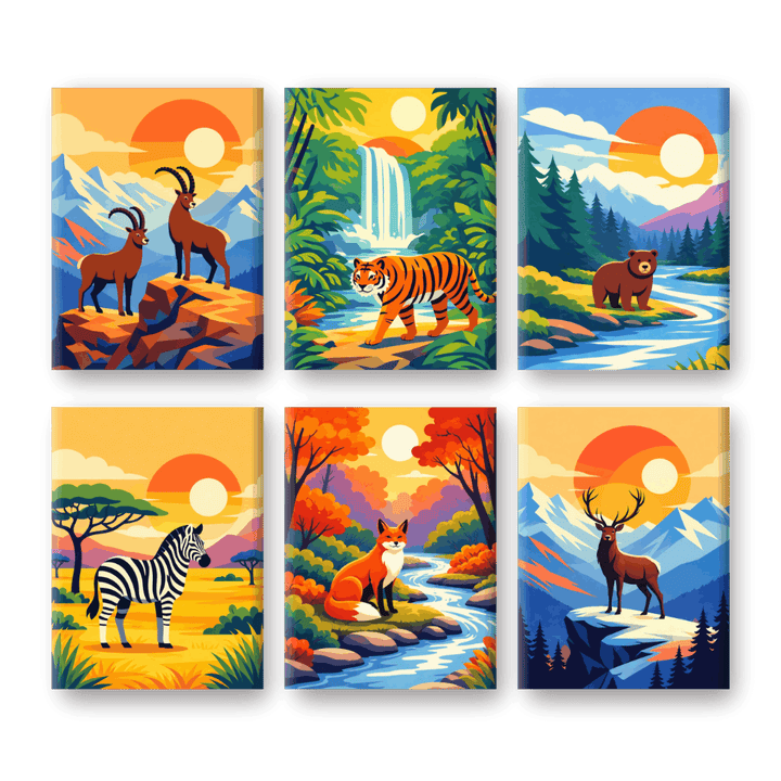 6 Mini-Gemälde | Tiere & Landschaften Set