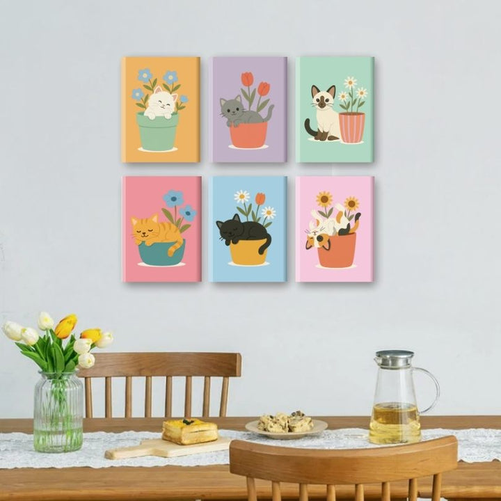 6 Mini-Gemälde | Katzen & Blumen Set
