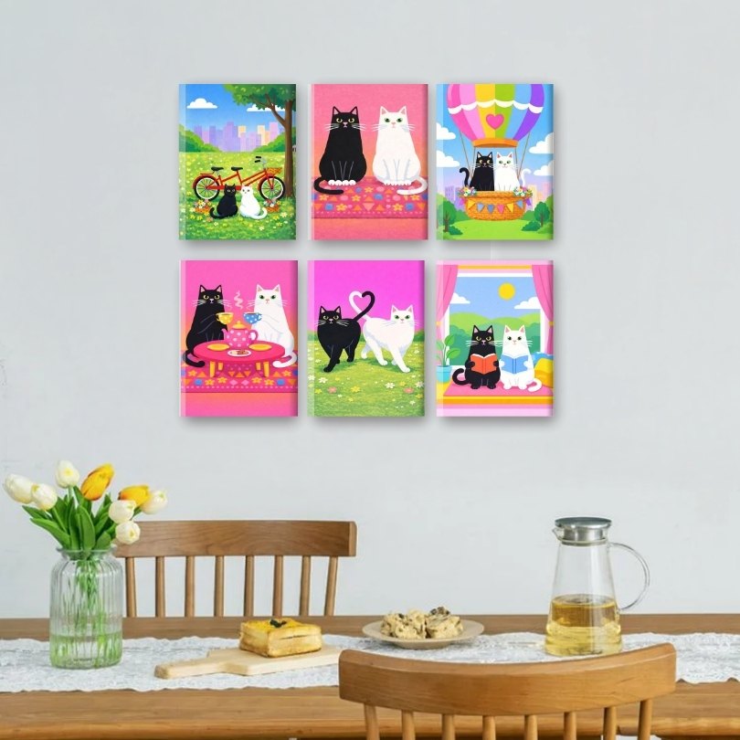 6 Mini-Gemälde | Katzen in Liebe Set