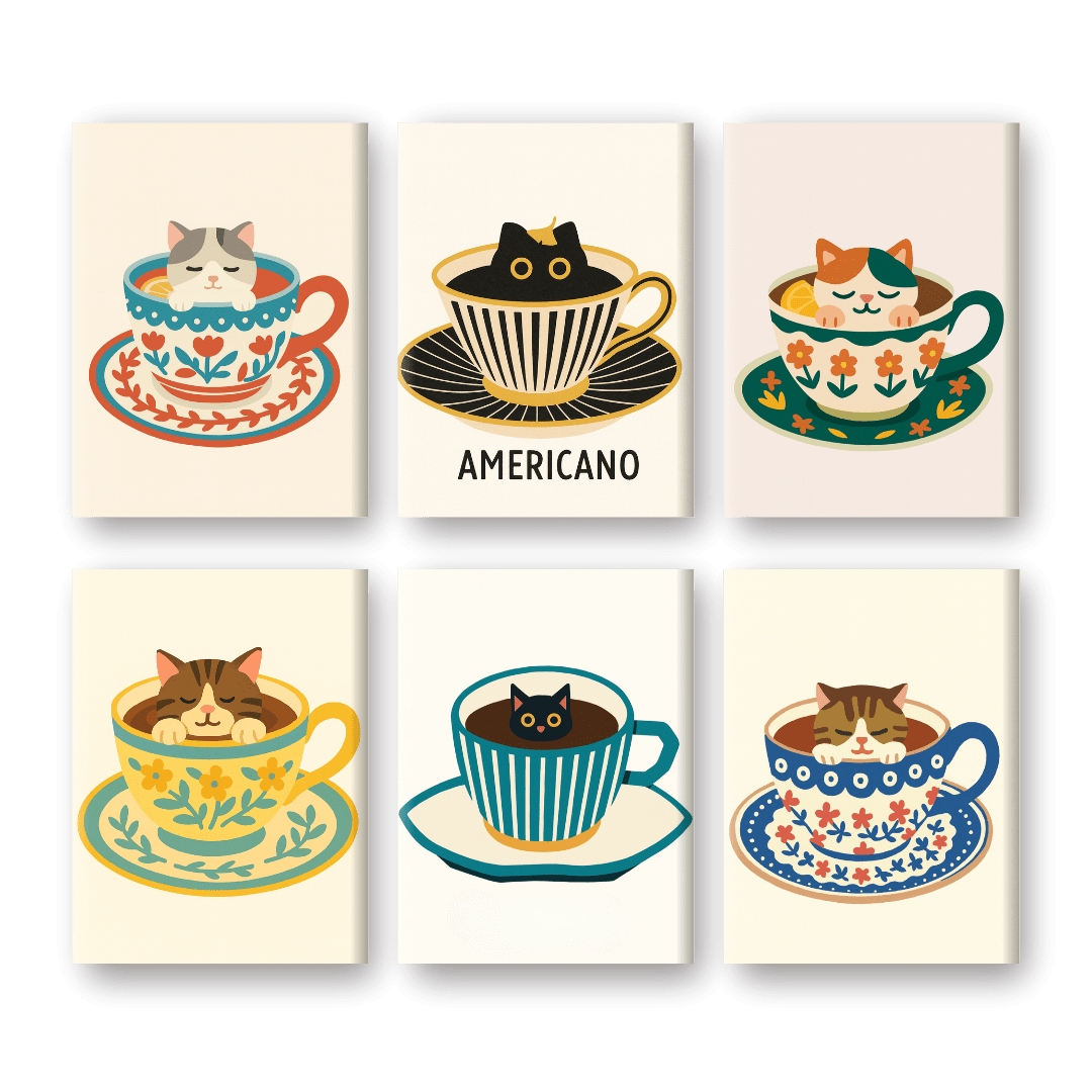 6 Mini-Gemälde | Katzen in Kaffeetassen Set