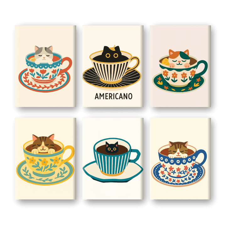 6 Mini-Gemälde | Katzen in Kaffeetassen Set