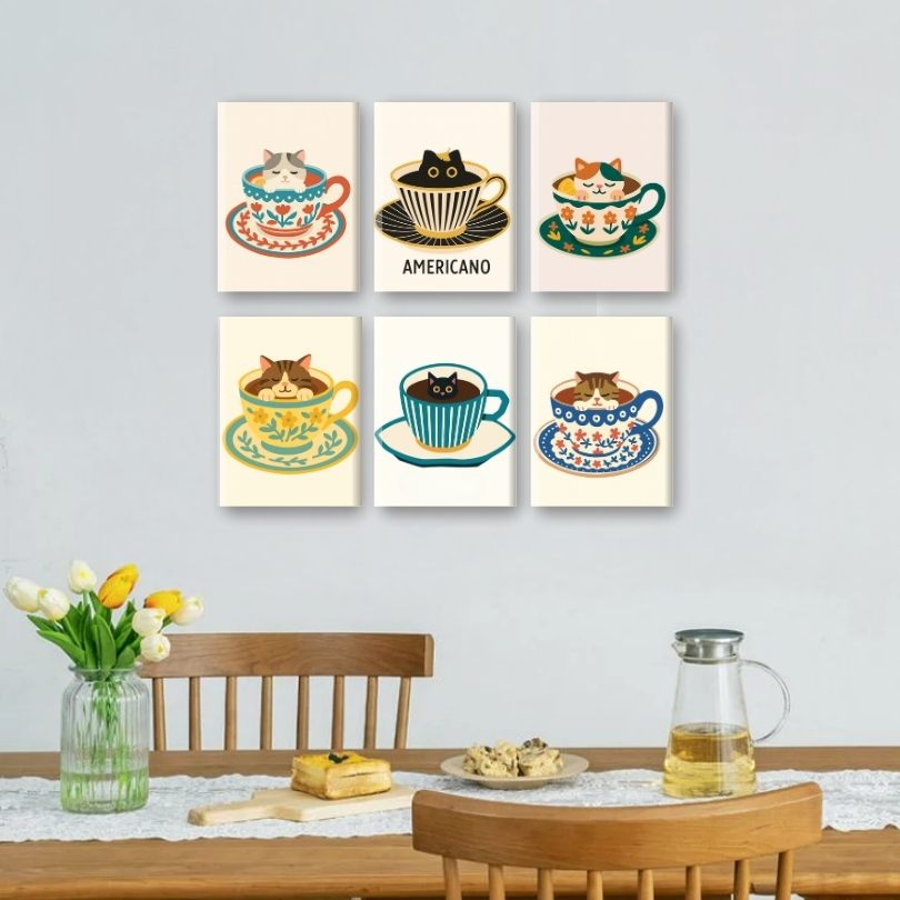 6 Mini-Gemälde | Katzen in Kaffeetassen Set