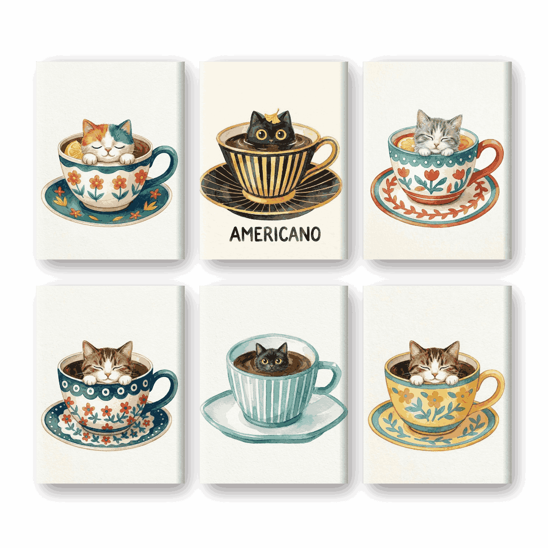 6 Mini-Gemälde | Katzen in Tassen Set