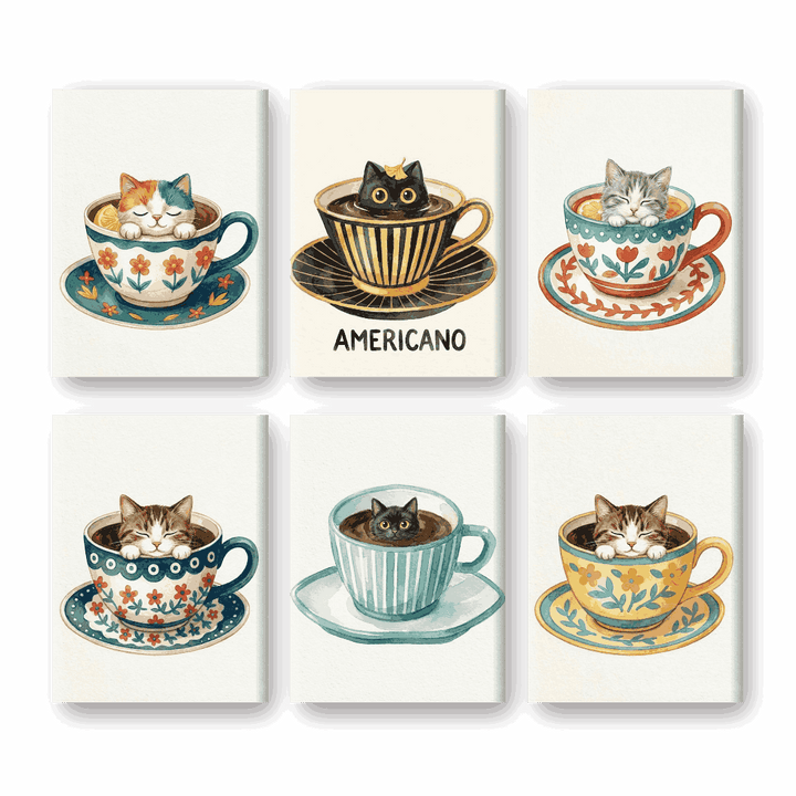 6 Mini-Gemälde | Katzen in Tassen Set