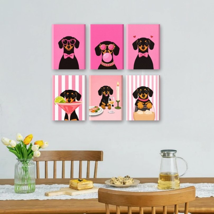 6 Mini-Gemälde | Rosa Dackel Set