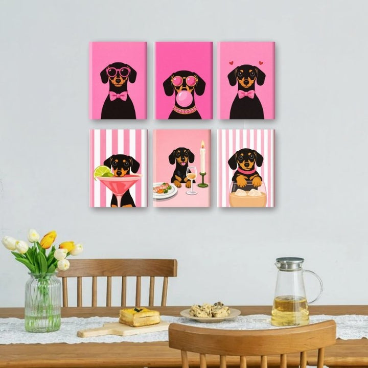 6 Mini-Gemälde | Rosa Dackel Set