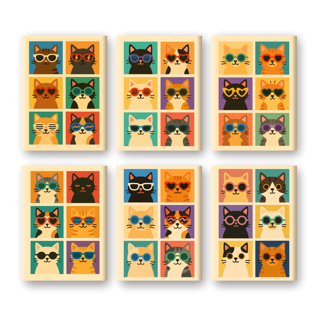 6 Mini-Gemälde | Coole Bunte Katzen Set