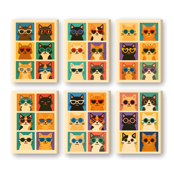 6 Mini-Gemälde | Coole Bunte Katzen Set