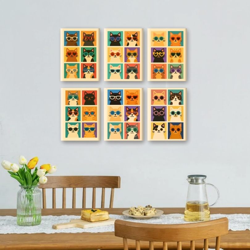 6 Mini-Gemälde | Coole Bunte Katzen Set
