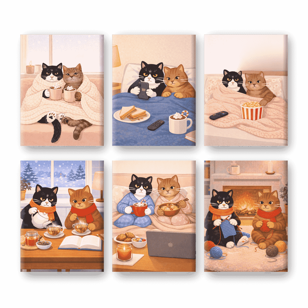 6 Mini-Gemälde | Gemütliche Katzen Set