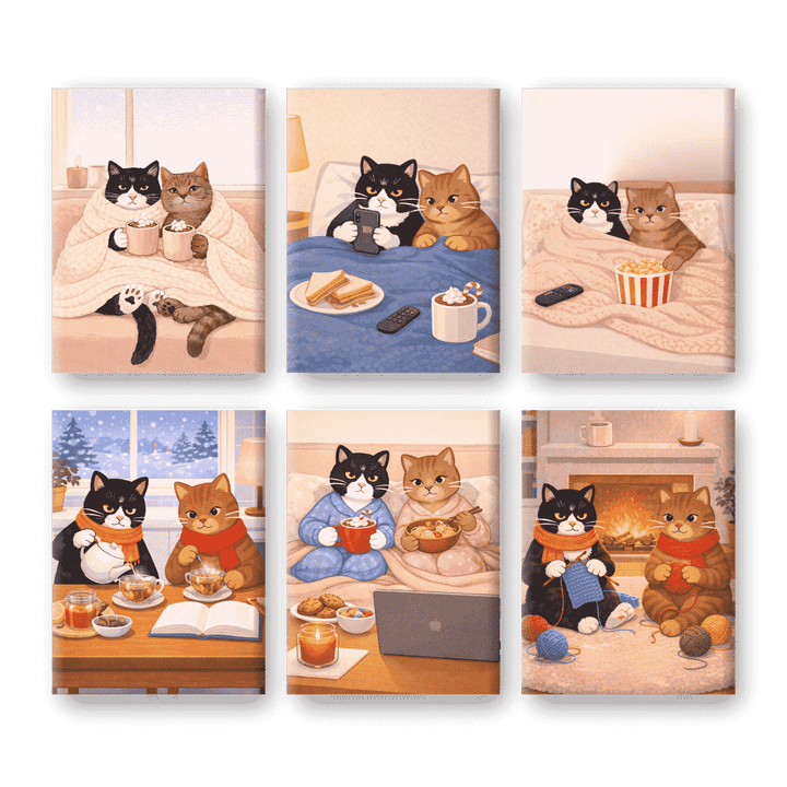 6 Mini-Gemälde | Gemütliche Katzen Set