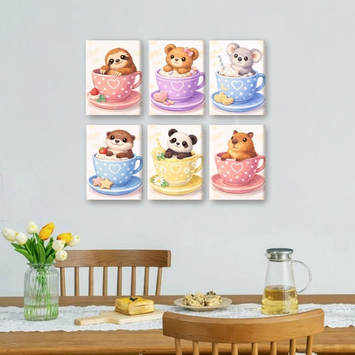 6 Mini-Gemälde | Süße Tiere in Tassen Set