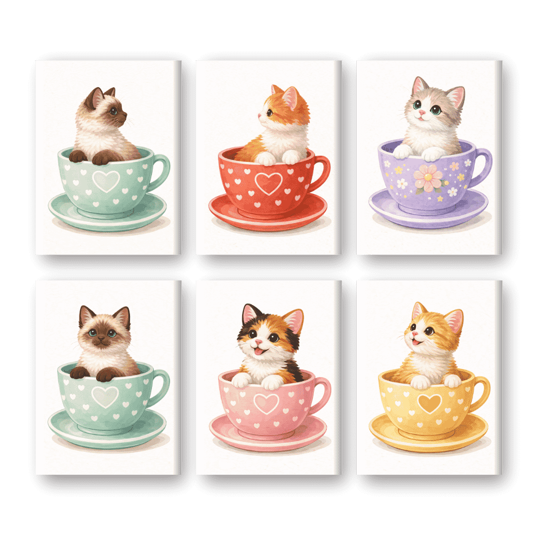 6 Mini-Gemälde | Süße Katzen in Tassen Set
