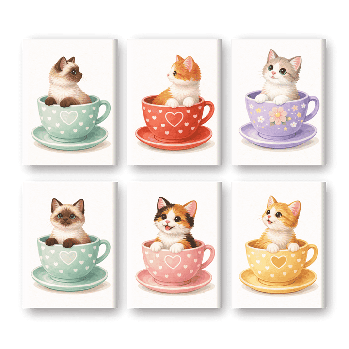 6 Mini-Gemälde | Süße Katzen in Tassen Set