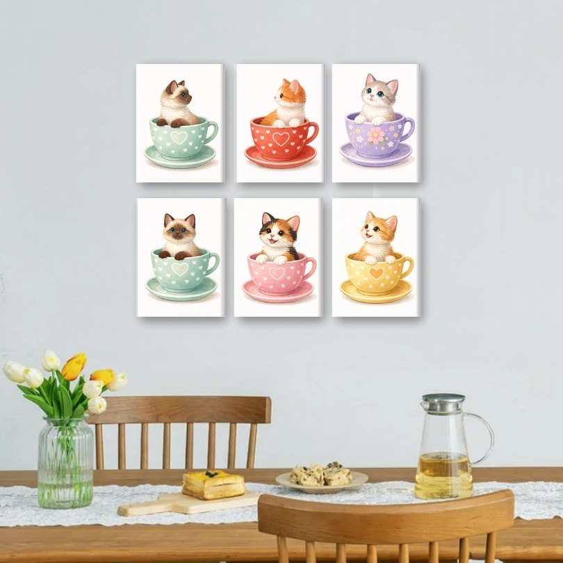 6 Mini-Gemälde | Süße Katzen in Tassen Set