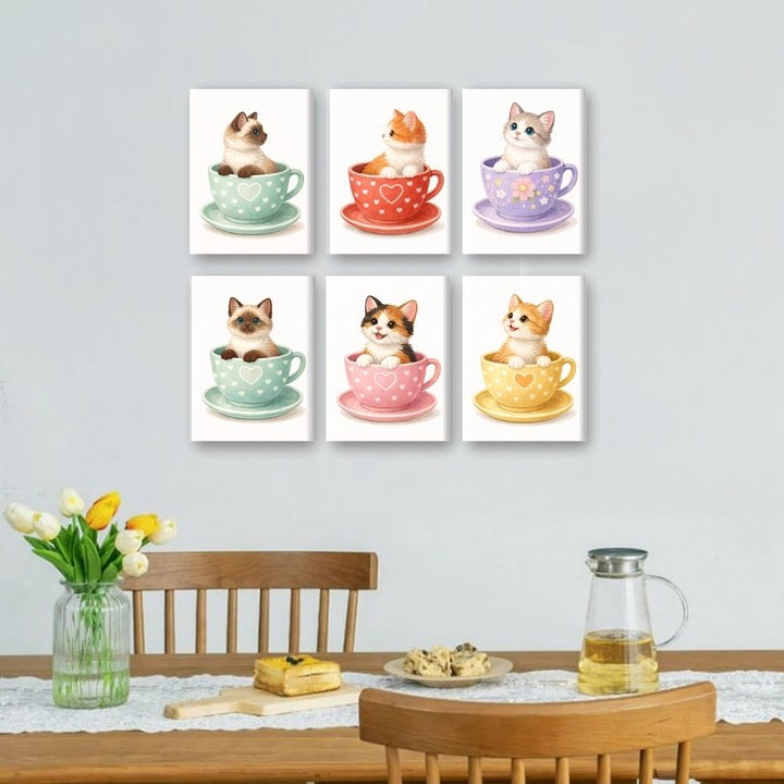 6 Mini-Gemälde | Süße Katzen in Tassen Set