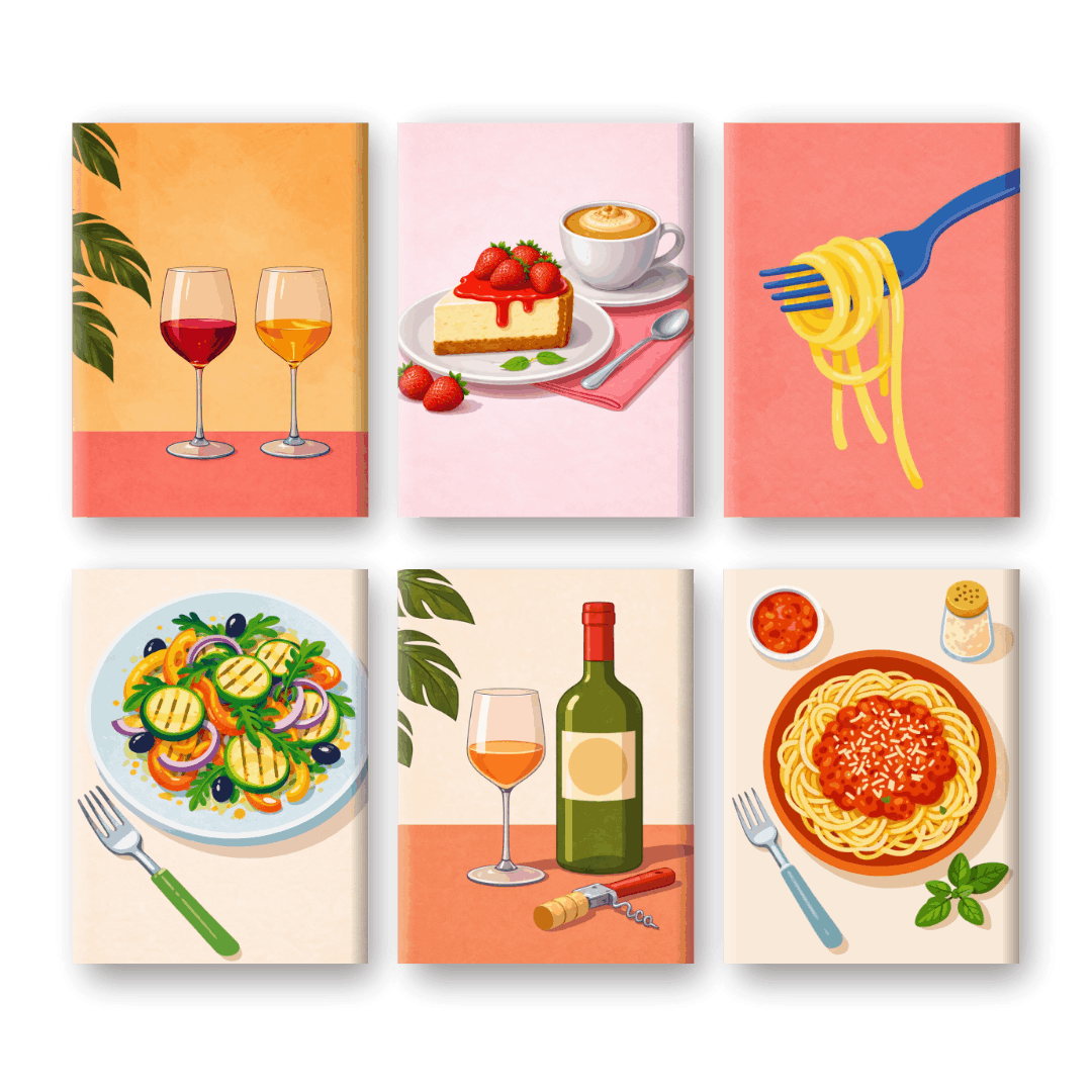 6 Mini-Gemälde | Abendessen & Wein Set