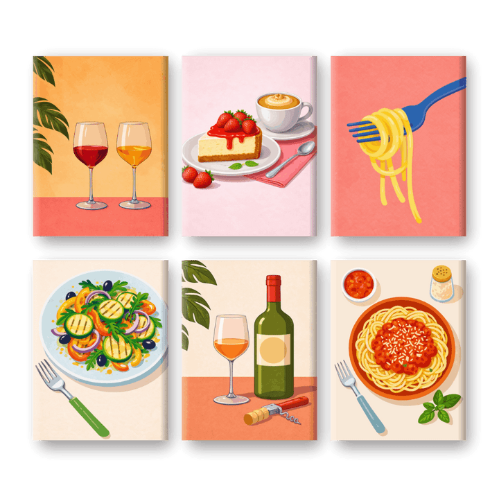 6 Mini-Gemälde | Abendessen & Wein Set