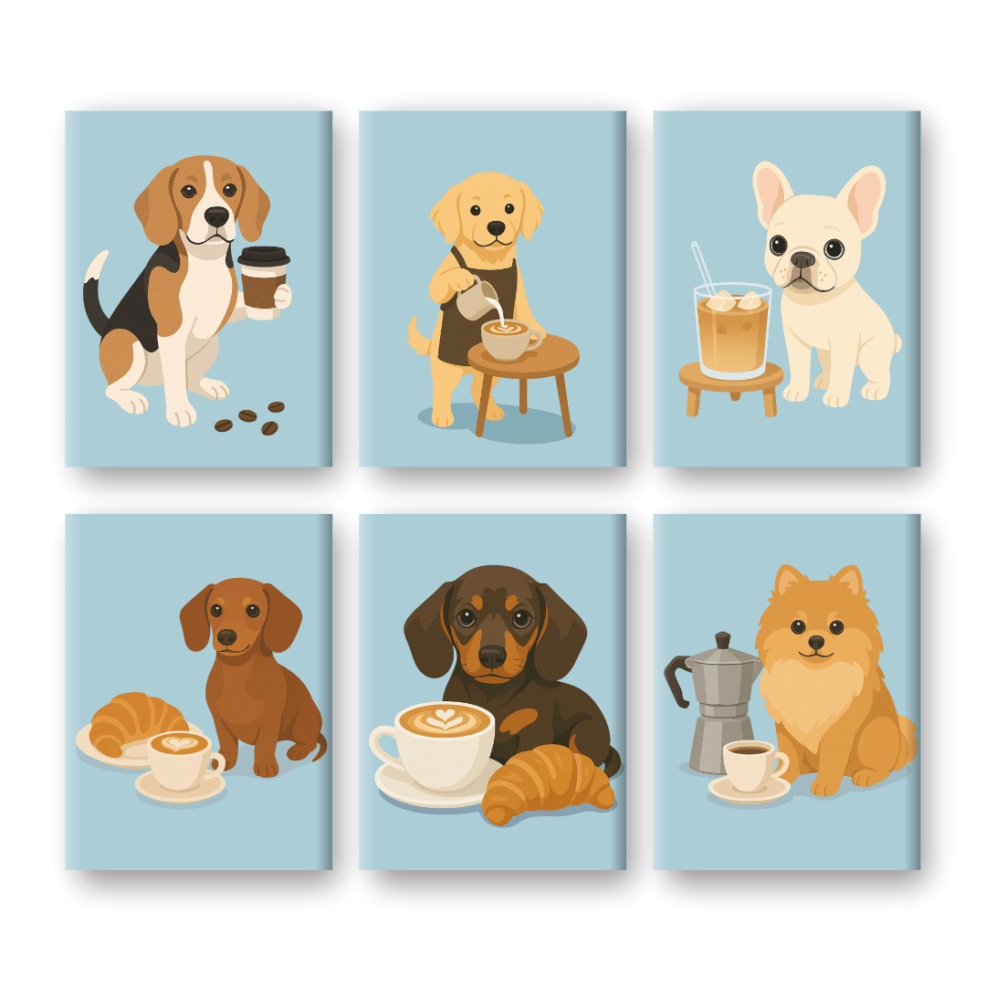 6 Mini-Gemälde | Hunde & Kaffee Set