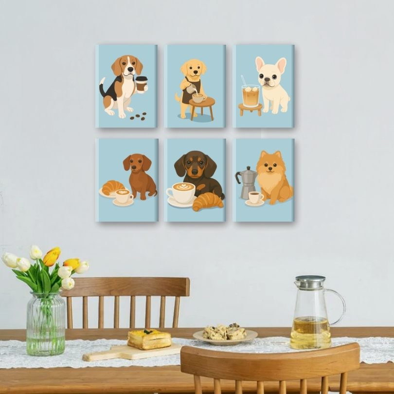 6 Mini-Gemälde | Hunde & Kaffee Set